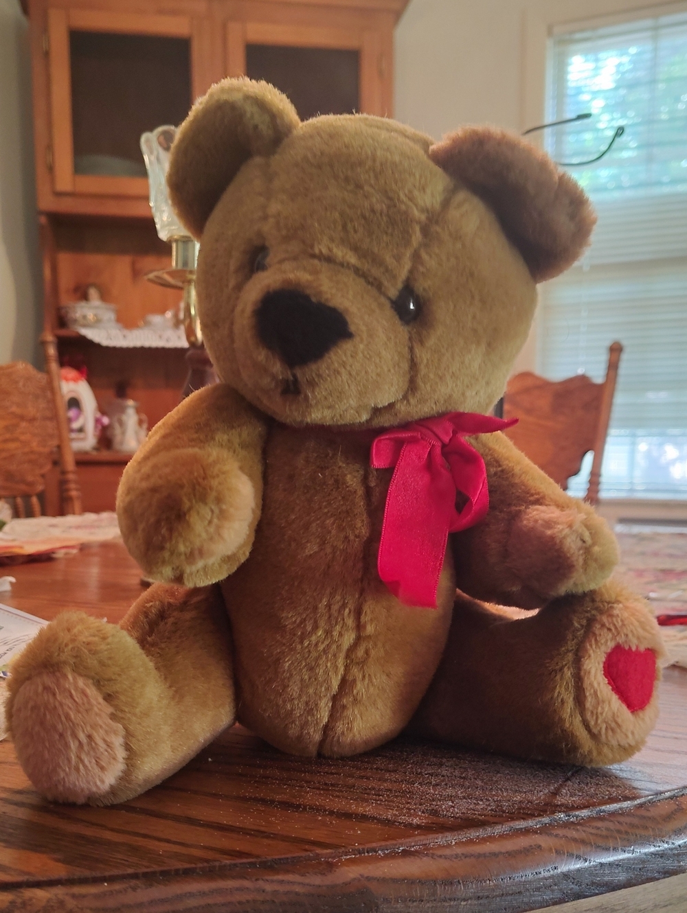 Plush Brown Teddy Bear with Red Bow and Heart Accent